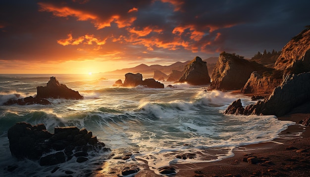 Pôr do sol sobre o litoral ondas batem em penhascos rochosos gerados por inteligência artificial