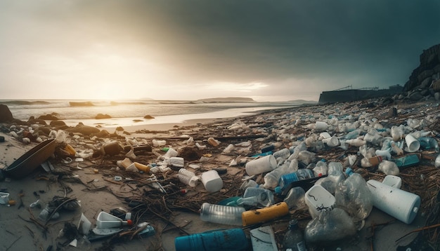 Pôr do sol sobre o litoral poluído revela danos ambientais gerados pela IA