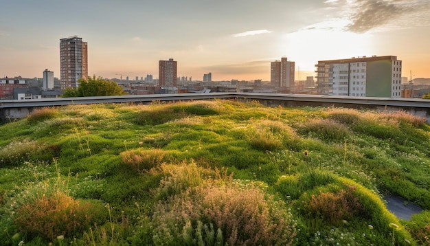 Foto grátis pôr do sol sobre os arranha-céus da paisagem urbana e a beleza da natureza gerada pela ia