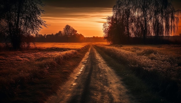 Foto grátis pôr do sol sobre silhuetas de árvores de paisagem rural contra laranja gerada por ia