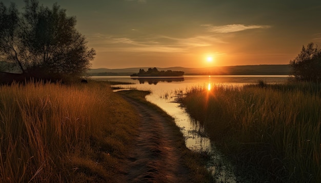 Foto grátis pôr do sol sobre um lago tranquilo refletindo a silhueta da floresta gerada por ia