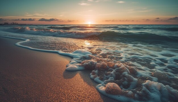 Pôr do sol tranquilo sobre água azul e areia gerada por IA