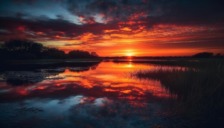 Foto grátis pôr do sol vibrante reflete beleza em cenário natural tranquilo gerado por ia