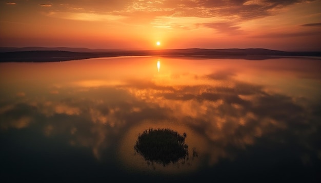 Pôr do sol vibrante sobre águas tranquilas e ia geradora de montanhas