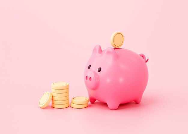 Porquinho com moeda conceito de poupança de dinheiro em fundo rosa renderização 3D