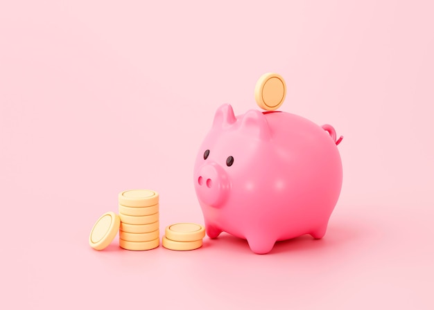 Porquinho com o conceito de economia de dinheiro de moeda na renderização 3d de fundo rosa