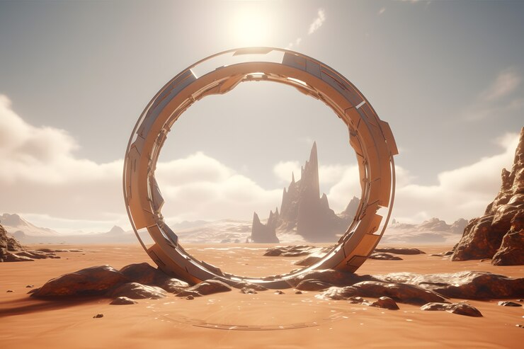 Foto grátis portão ou portal de estilo fantasia com paisagem desértica.