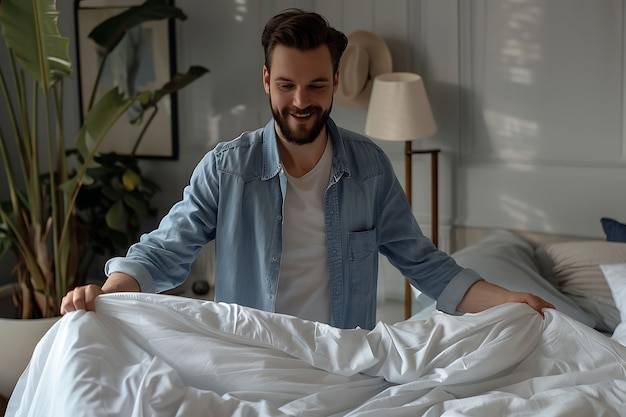 Foto grátis portrait of modern man cleaning and doing household chores