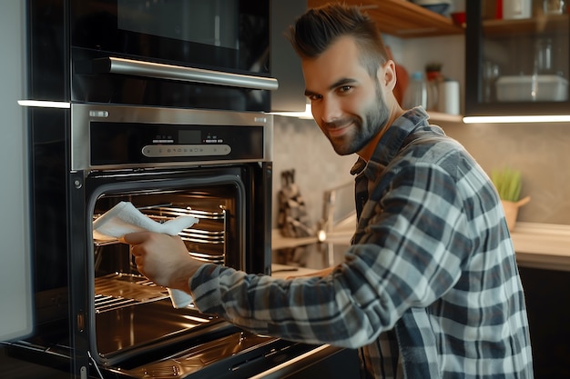 Foto grátis portrait of modern man cleaning and doing household chores