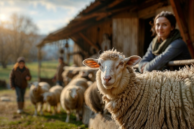 Foto grátis portrait of people in charge of a sheep farm