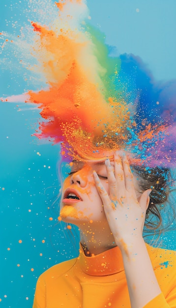 Foto grátis portrait of people with colorful rainbow from their thoughts and brain on blue background