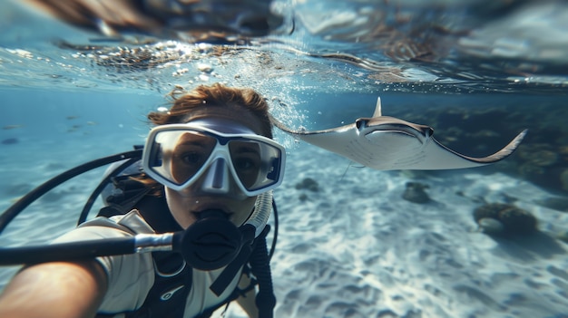 Foto grátis portrait of scuba diver in the sea water with marine life