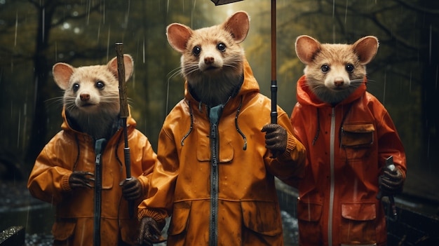 Possums de estilo futurista vestindo roupas