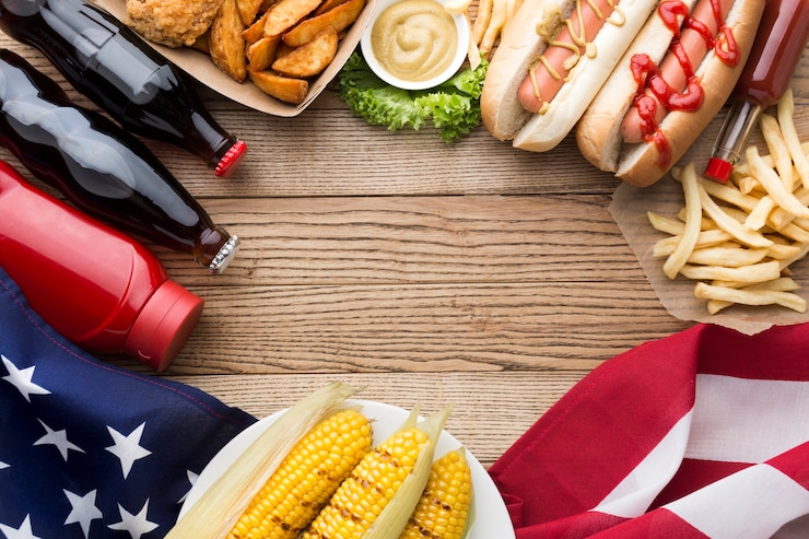 Foto grátis postura plana de comida americana com espaço de cópia
