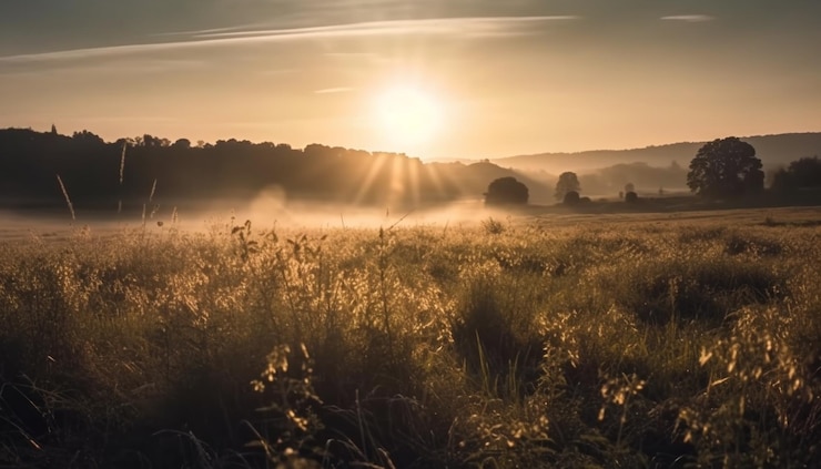 Foto grátis prado tranquilo ao pôr do sol, a beleza da natureza brilha gerada pela ia