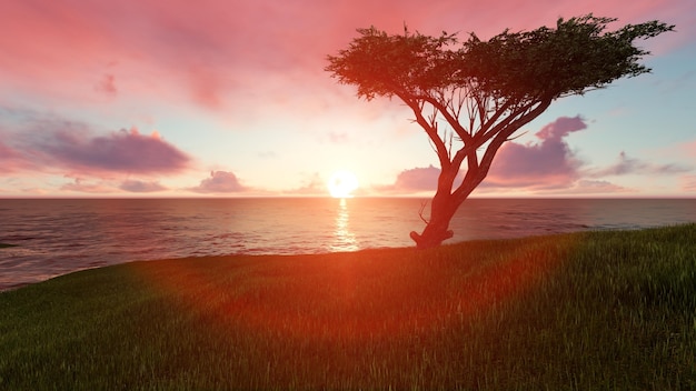 Praia ao pôr do sol com uma árvore