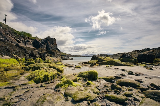 Praia de Castle Cove cercada pelo mar e rochas sob um céu nublado durante o dia na Irlanda