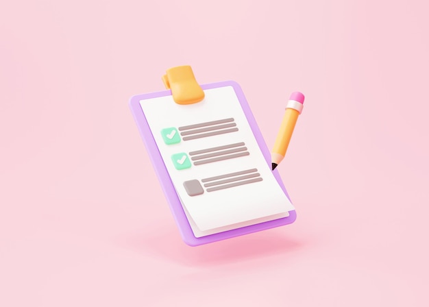 Prancheta de verificação e sinal de ícone de lápis ou conceito de relatório de documento de caixa de seleção de lembrete de símbolo em renderização 3d de fundo rosa