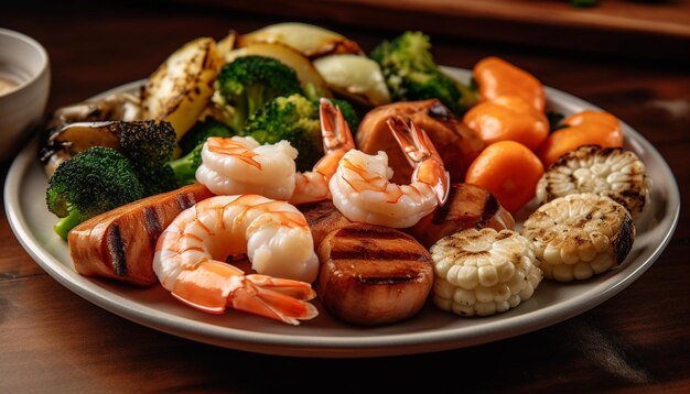 Foto grátis prato de frutos do mar grelhados com vegetais saudáveis e bife gerado por ia