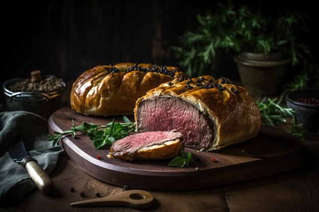 Prato de lombo suculento Beef Wellington em mesa de madeira rústica Comida inglesa Ai generative