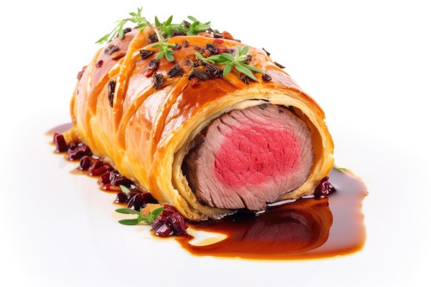 Prato de lombo suculento Beef Wellington isolado no fundo branco Ai generative