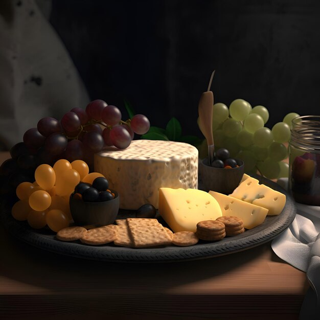 Foto grátis prato de queijo com uvas, azeitonas e bolachas em fundo escuro