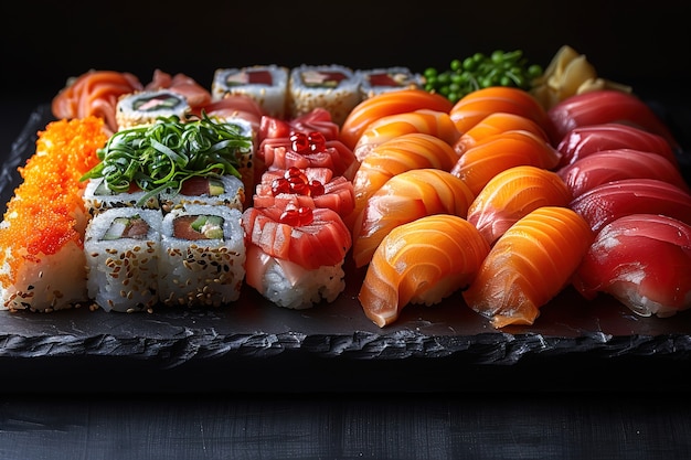 Foto grátis prato de sushi de frutos do mar altamente detalhado com fundo preto simples