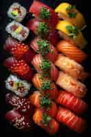 Foto grátis prato de sushi de frutos do mar com detalhes e fundo preto simples