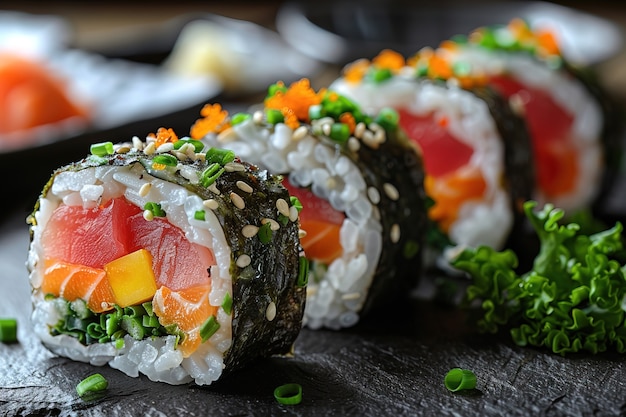 Foto grátis prato de sushi de frutos do mar com detalhes e fundo preto simples