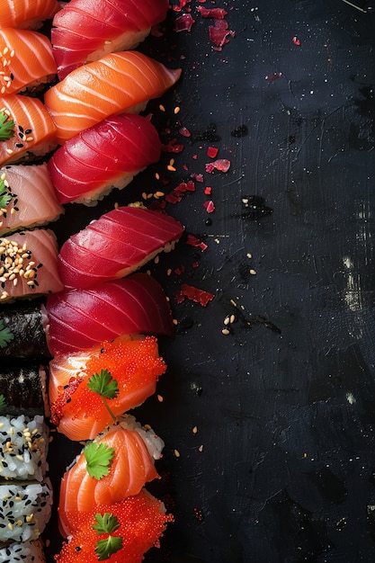 Foto grátis prato de sushi de frutos do mar com detalhes e fundo preto simples