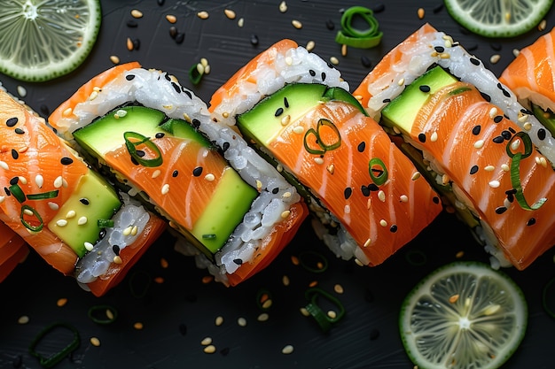 Foto grátis prato de sushi de frutos do mar com detalhes e fundo preto simples