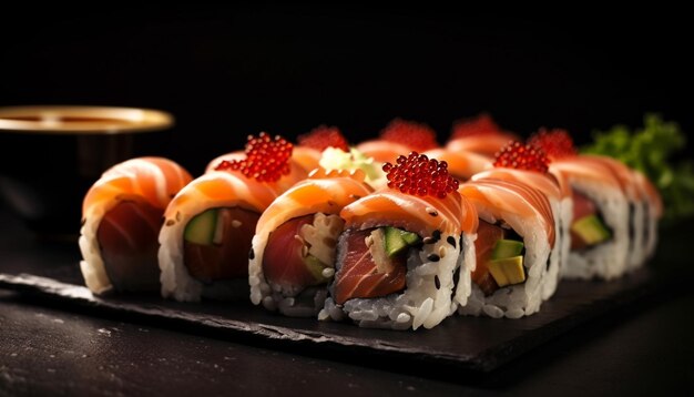 Prato de sushi gourmet com variedades de frutos do mar frescos gerados por IA