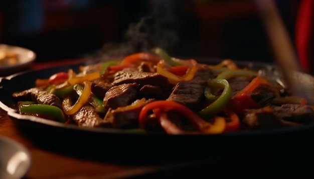 Foto grátis prato refogado de carne e vegetais grelhados gerado por ia