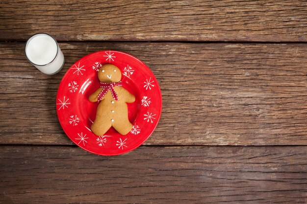 prato vermelho com biscoitos com forma do homem e um copo de leite