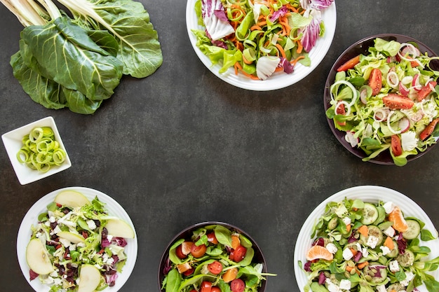 Pratos de quadro com saladas variadas