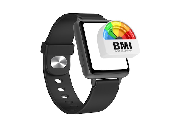 Preto moderno relógio inteligente maquete e cinta com imc ou índice de massa corporal escala medidor dial gage ícone em um fundo branco. renderização 3d
