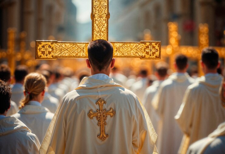 Foto grátis processão religiosa com cruz dourada