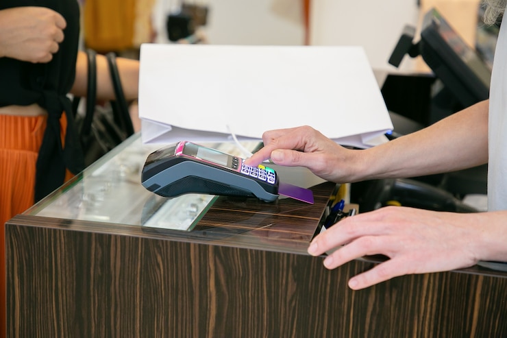 Foto grátis processo de pagamento operacional do caixa da loja com terminal pos e cartão de crédito. tiro recortado, close-up das mãos. conceito de compra ou compra