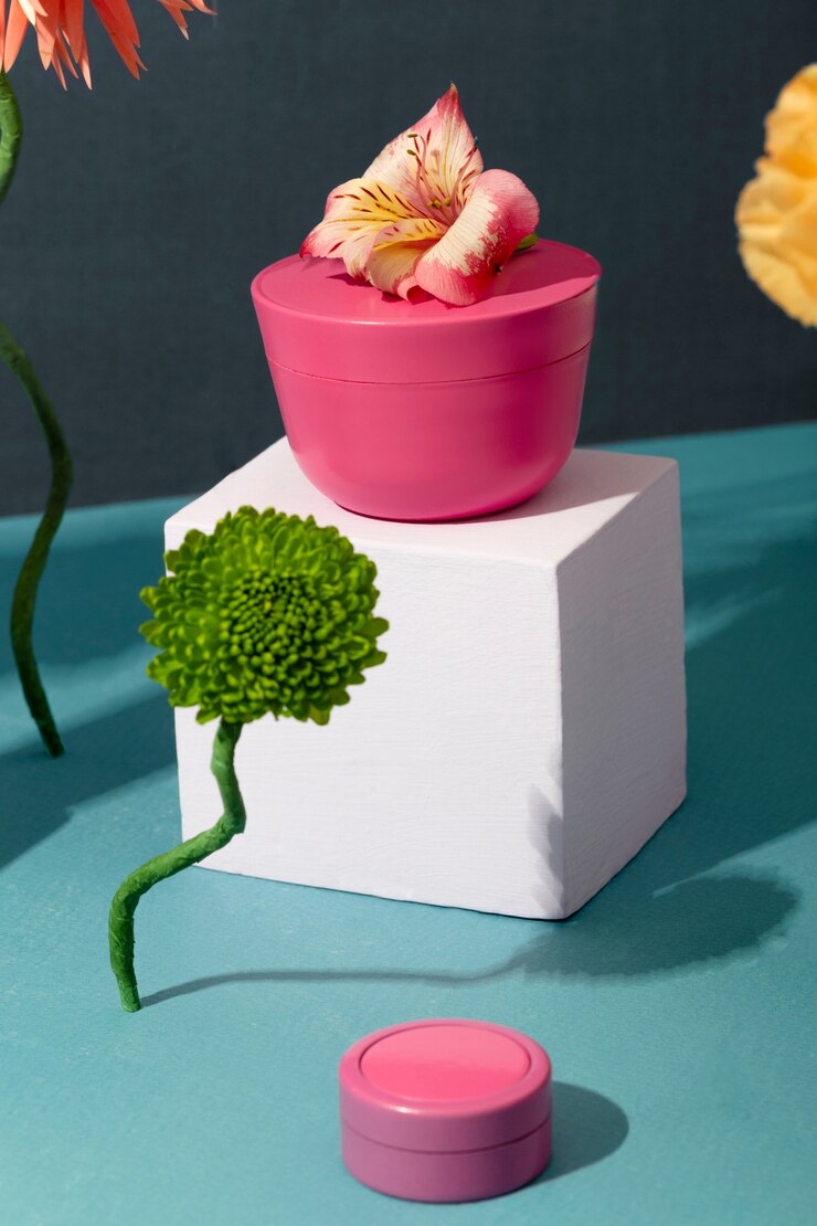 Foto grátis produtos cosméticos rosa e plantas de alto ângulo