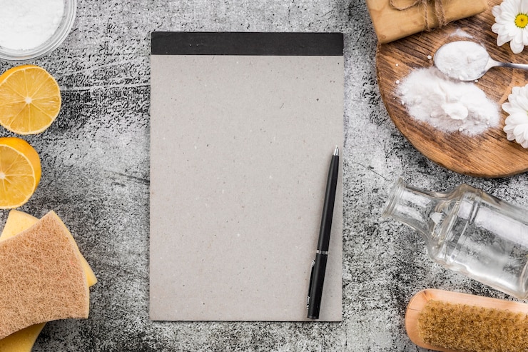 Foto grátis produtos de limpeza ecológicos caseiros e notebook