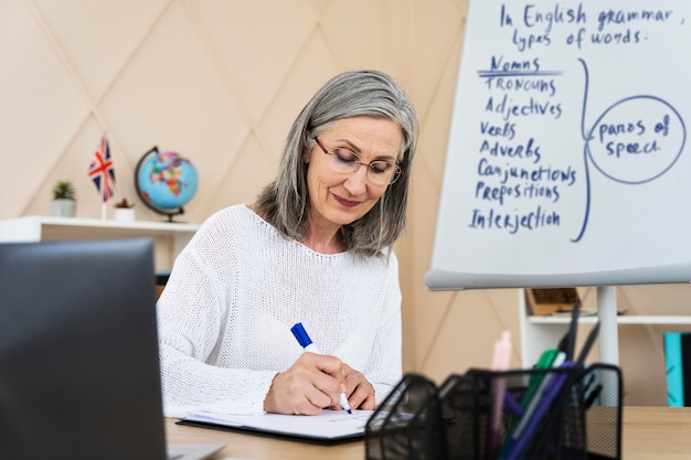 Professora sorridente de inglês fazendo aulas online