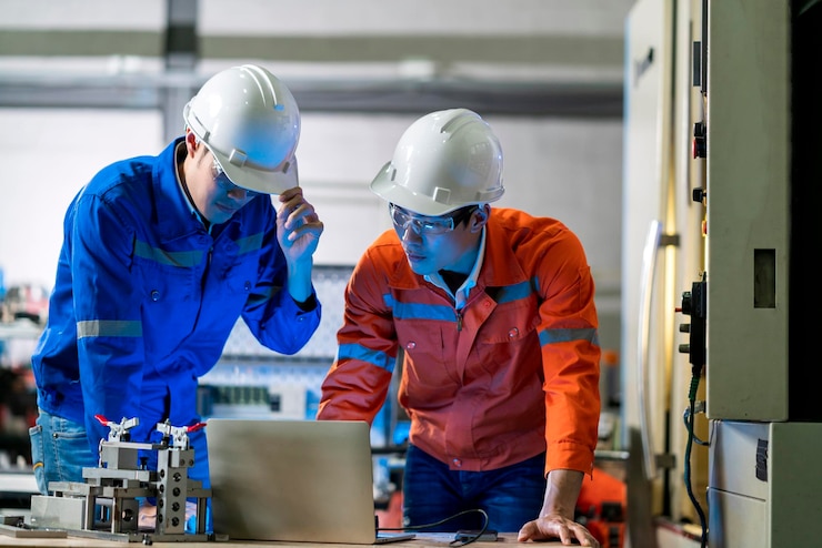 Foto grátis profissional de engenheiro asiático masculino tendo uma discussão em pé máquina cnc concult na fábrica dois colegas de trabalho asiáticos brainstorm explicando e resolvendo o processo da máquina de operação cnc