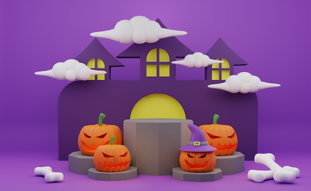 Promoção de pódio de halloween de renderização 3d com fundo de casa assombrada de ossos de abóbora de personagem assustador