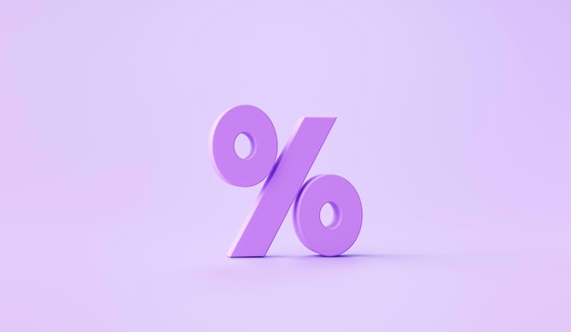 Promoção de sinal percentual ou ícone ou símbolo de venda de desconto na renderização 3d de fundo roxo