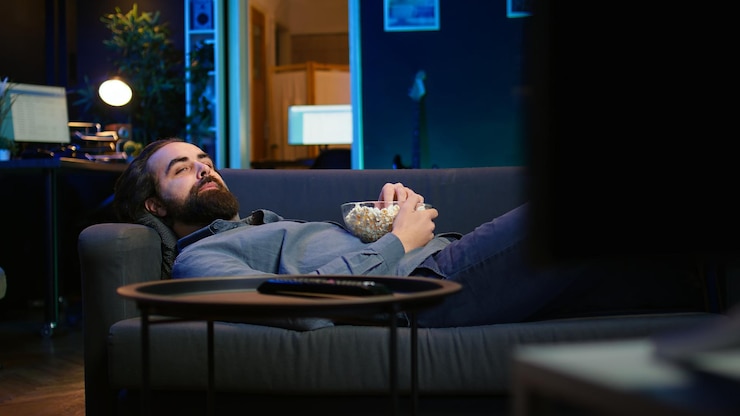 Foto grátis proprietário de casa otimista deitado no sofá vendo filmes bons na tv