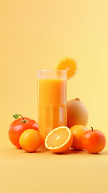 Publicidade de sucos com copo e frutas