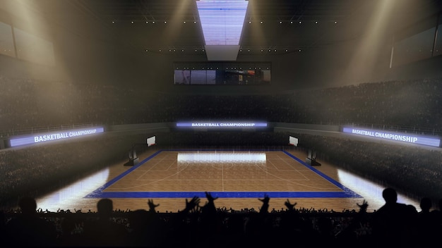 Quadra de basquete com fã de pessoas arena esportiva renderizar ilustração 3d