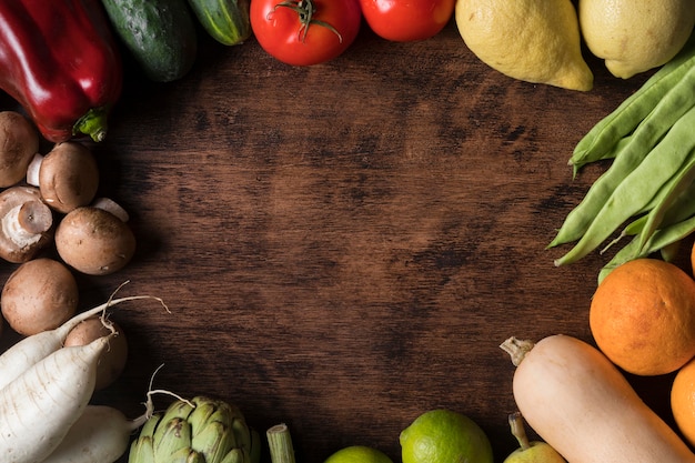 Quadro circular de comida com legumes, vista de cima