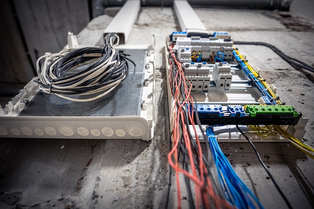 Quadro de distribuição com muitos interruptores e cabos de fibra ótica.