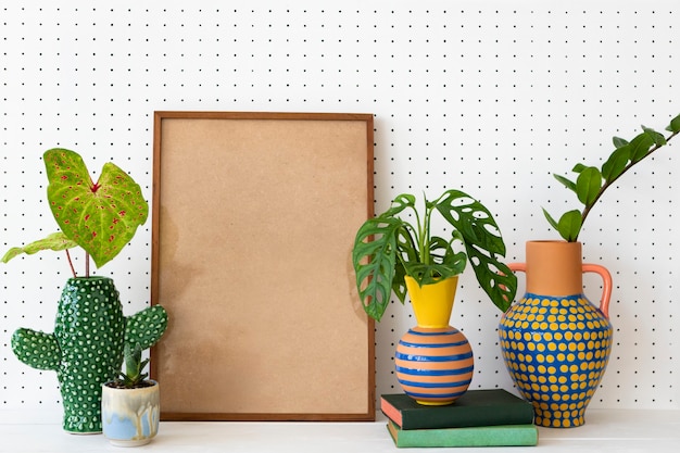 Quadro em branco na prateleira de plantas ideias de decoração para casa